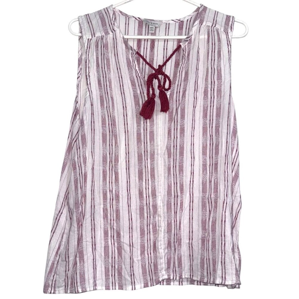 Lucky Brand Womens Striped Sleeveless Blouse With Tassel Tie White & Red Size M